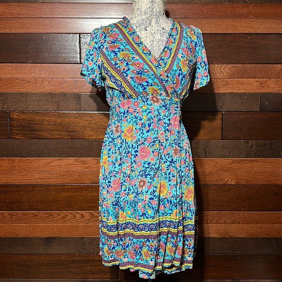 No Brand Tag V Neck Short Sleeve Teal Blue Floral Wrap Midi Dress - Picture 1 of 9